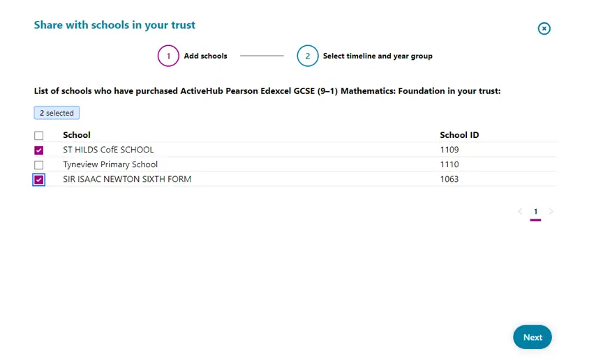 This image shows a list of schools within the Trust that can be selected to assign an assessment to.