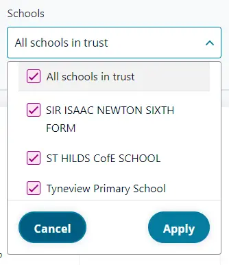 Dropdown menu of the three schools within the trust.