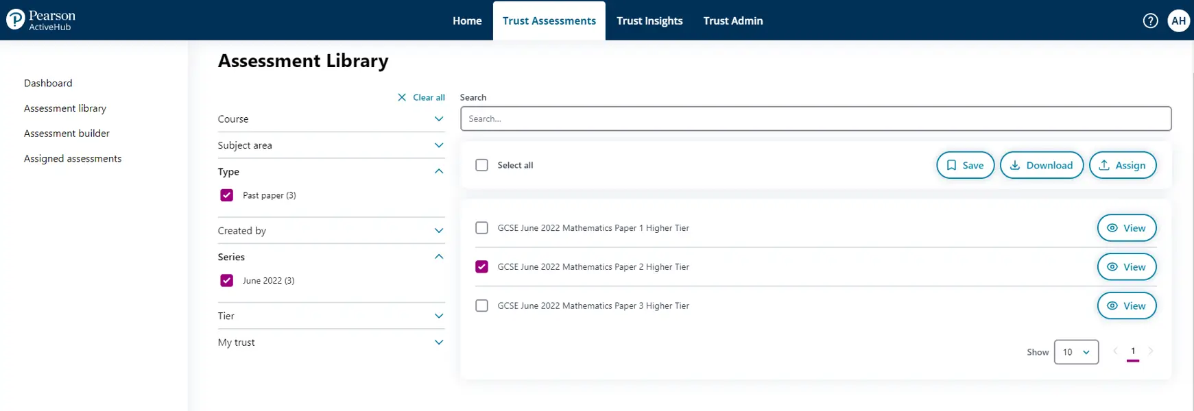 This image shows the Assessment Library screens where there are filter options to locate and view a specific paper.