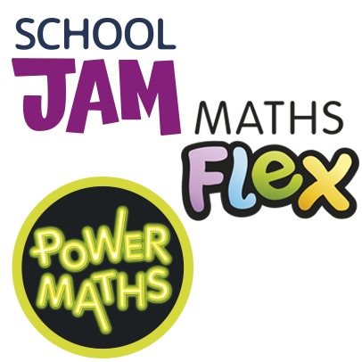 Power Maths, Maths Flex and School Jam logos
