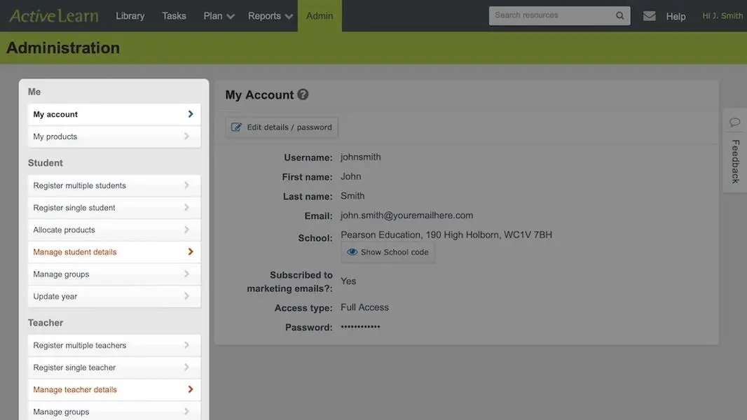 ActiveLearn Administration - My Account Area