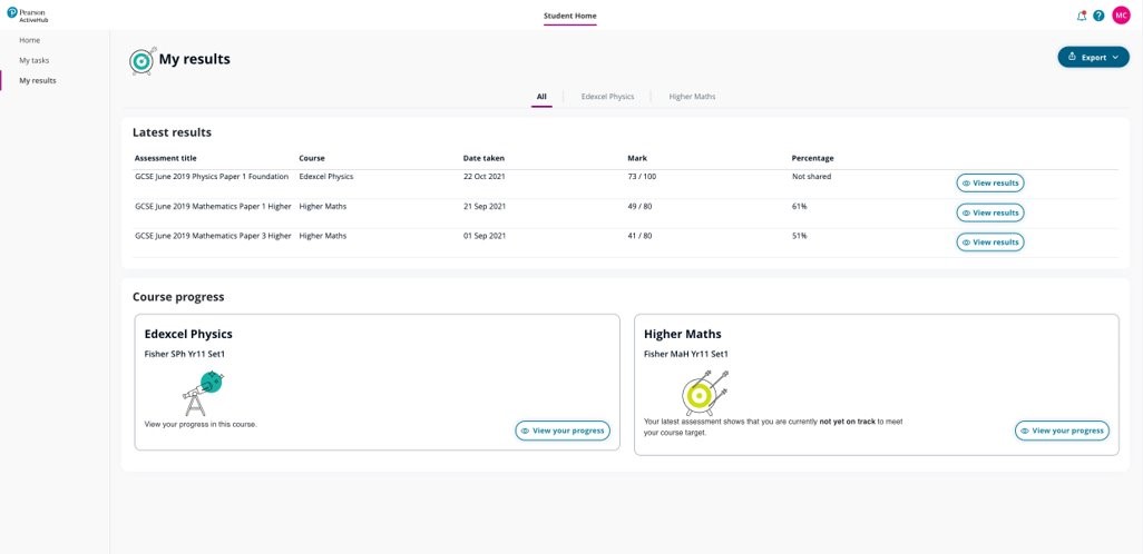 Student my results screen